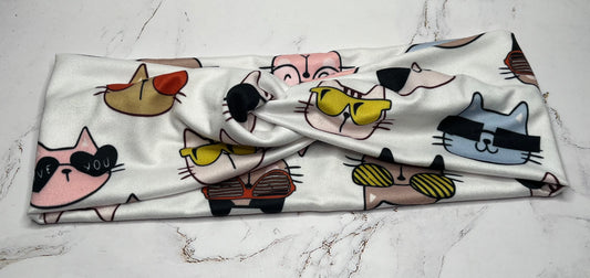 Cool Cats on White Knot Headband